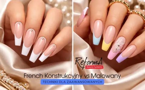 Dwie dłonie prezentują techniki zdobienia paznokci: klasyczny french konstrukcyjny z cyrkoniami i kolorowy french malowany z motywem płatka śniegu.
