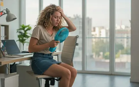 Donna con capelli ricci, in ufficio, soffre il caldo con un ventilatore portatile. La sua fronte è imperlata di sudorazione improvvisa.