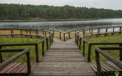 Drewniana kładka prowadzi do jeziora otoczonego lasem. To idealne miejsce, by poczuć magię Borów Tucholskich.