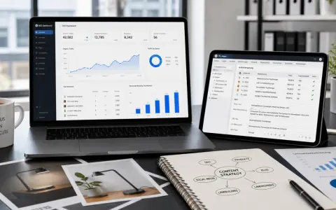 Laptop und Tablet zeigen SEO-Dashboards mit Diagrammen und Tabellen, die eine **faceted search** für Produkte und Keywords ermöglichen.