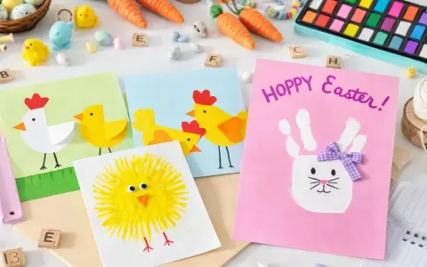 Bunte Osterkarten zum Selberbasteln mit Kindern: Küken, Hühner und ein Hase aus Handabdrücken.