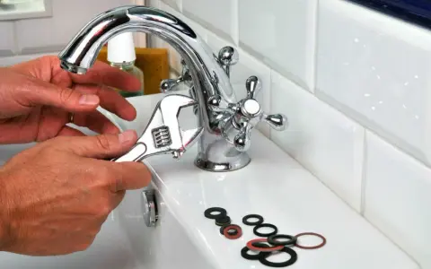 Main tenant utilise une clé pour changer un joint de robinet. Des joints sont posés sur le lavabo.
