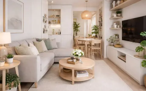 Un salón acogedor y luminoso, perfecto para el tiny living. Sofá modular, mesa de centro redonda y rincón de comedor.