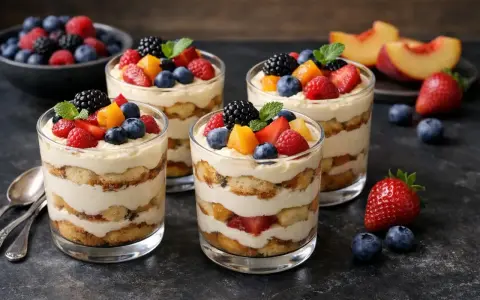 Quatre verrines de dessert minute sans cuisson, garnies de fruits rouges frais et de crème onctueuse.
