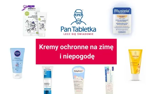 Kremy ochronne na zimę i niepogodę, w tym Mustela z formułą emulgacji, Nivea Baby, Momme, Pharmaceris Emotopic, Babydream, Mediderm i Weleda.
