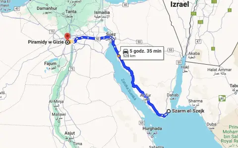 Trasa z Szarm el-Szejk do Piramid w Gizie, pokazująca, skąd najbliżej do piramid. Podróż trwa 5 godz. 35 min, dystans 528 km.