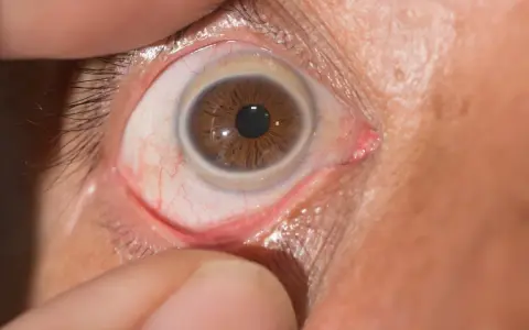 Occhio con iride marrone e un sottile anello di Weiss visibile intorno alla pupilla.