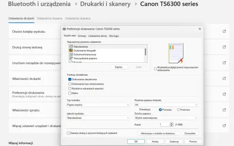 Ustawienia drukowania dwustronnego w oknie preferencji drukarki Canon TS6300.