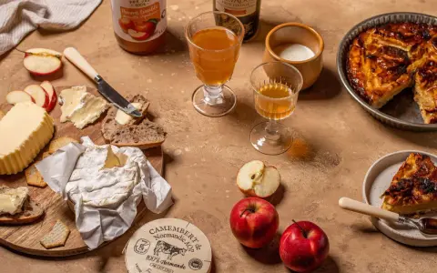 Un plateau gourmand avec camembert, pain, beurre, pommes et tarte aux pommes, une spécialité normandie.