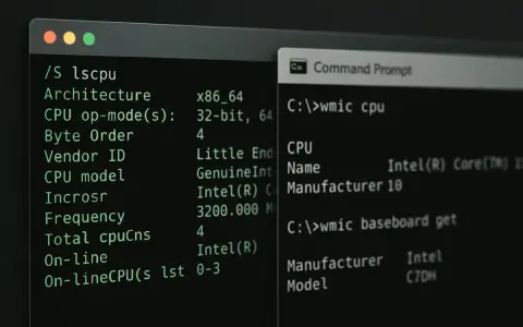Jak sprawdzić ilość rdzeni procesora? Na ekranie widać terminal z komendami `lscpu` i `wmic cpu`, które pokazują szczegóły procesora, w tym liczbę rdzeni.