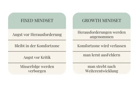 Gegenüberstellung von "Fixed Mindset" (Angst vor Herausforderungen, Kritik, Misserfolgen) und "Growth Mindset" (Herausforderungen annehmen, aus Fehlern lernen, Weiterentwicklung).