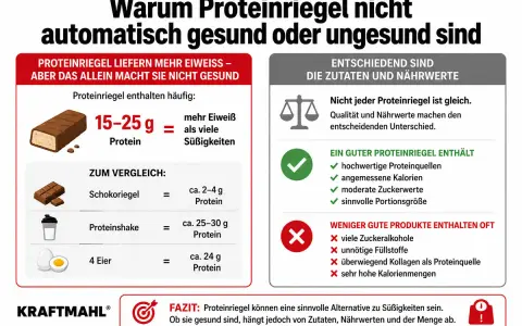 Proteinriegel liefern 15-25g Protein. Wie viele Proteinriegel darf man am Tag essen? Das hängt von Zutaten, Nährwerten und Menge ab.