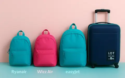 Porównanie rozmiarów bagażu podręcznego: małe plecaki dla Ryanair, Wizz Air, easyJet i walizka LOT.