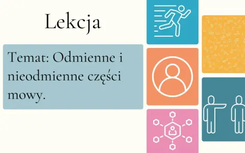 Lekcja o odmiennych i nieodmiennych częściach mowy. Grafiki symbolizują ruch, ludzi i liczby.