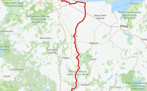 Mapa pokazuje przebieg wiślanej trasy rowerowej od Gdańska na północy, przez Malbork, aż po okolice Kwidzyna na południu.