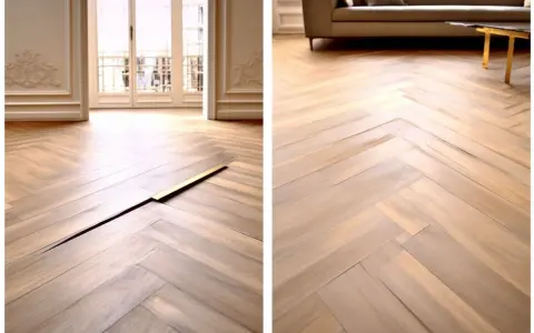 Parquet en chevrons gondolé, avec une lame dorée insérée dans une fissure.