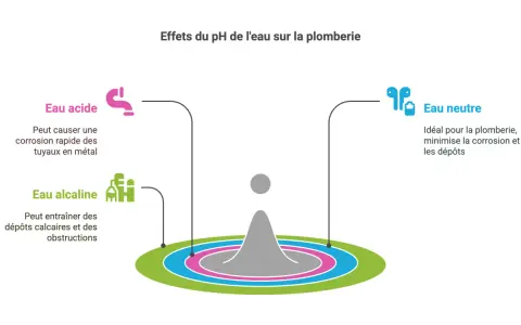 L'eau acide corrode les tuyaux, l'eau alcaline cause des dépôts. L'eau neutre est idéale pour la plomberie, minimisant la corrosion et les dépôts.