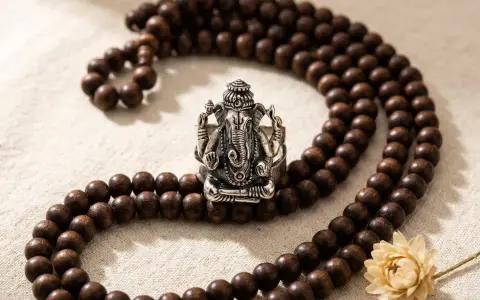 En silverring med Ganesha, omgiven av ett radband av träpärlor. En symbol för visdom och lycka, perfekt för att recitera ganesha mantra.
