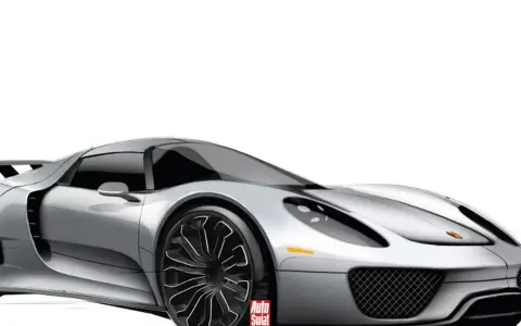 Srebrny Porsche 918 Spyder na białym tle, z widocznym logo "Auto Świat".