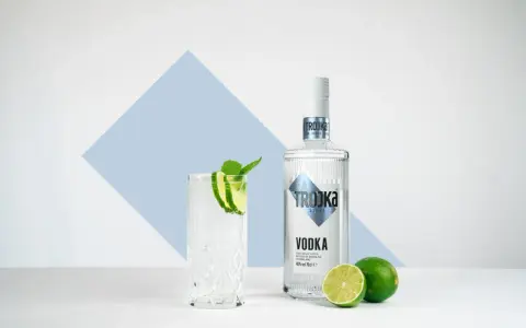 Ein Glas mit Eis, Limette und Minze steht neben einer Flasche Trojka Wodka. Perfekt für einen erfrischenden Wodka mit Wasser.