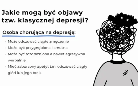 Ilustracja przedstawia postać z chaotyczną czarną głową i smutnymi oczami, symbolizującą depresję.