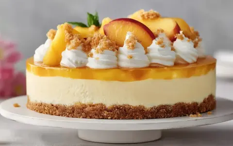 Eine köstliche Solero Torte mit Pfirsichspalten, Sahnetuffs und Streuseln auf einem Keksboden.