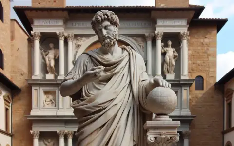 Estatua de mármol de un hombre con barba y túnica, sosteniendo un globo terráqueo, frente a un edificio renacentista.