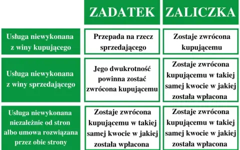 Tabela porównuje zadatek i zaliczkę: kiedy usługa niewykonana, co się dzieje z pieniędzmi.