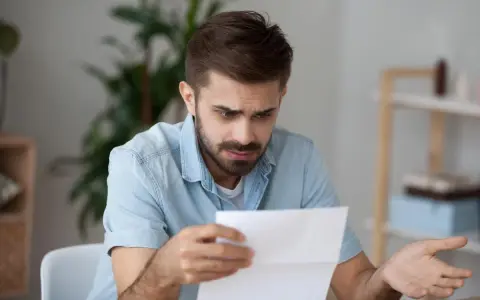 Zmarszczony mężczyzna z niedowierzaniem czyta dokument, być może dotyczy on rozwiązania umowy za porozumieniem stron.