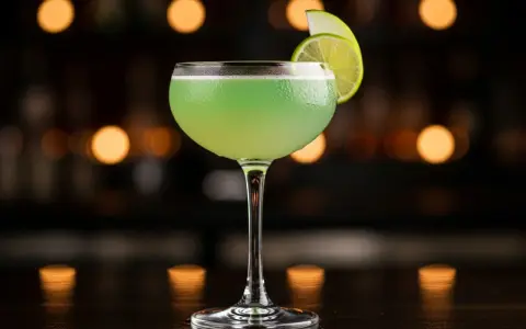 En grön, uppfriskande p2 drink med lime och äpple som garnityr, serverad i ett elegant glas mot en mjukt belyst bakgrund.