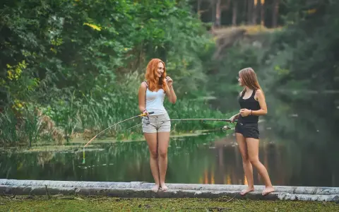 Dwie dziewczyny łowią ryby nad jeziorem wolickim.