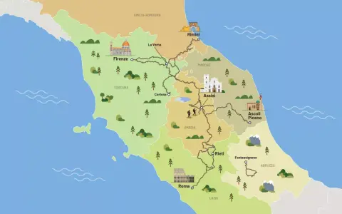 Mappa illustrata del Cammino di San Francesco, con le sue tappe principali da Rimini ad Assisi, Rieti e Roma, attraversando Toscana, Umbria e Marche.