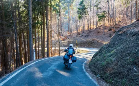 Motociclista su strada tortuosa tra i boschi, un'avventura **rund um den Gardasee**.
