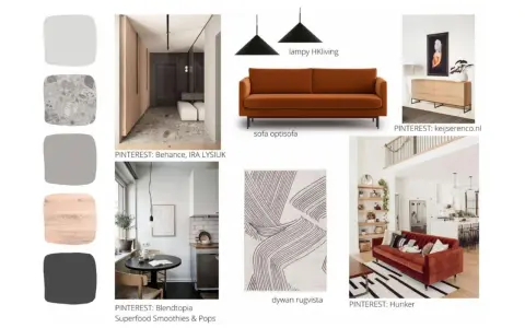 Inspirujący moodboard wnętrzarski: paleta kolorów, nowoczesna sofa, lampy, dywan i aranżacje.