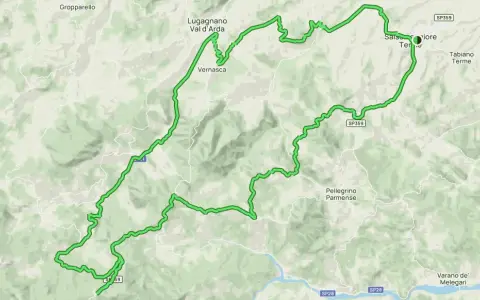 Mappa di un percorso tortuoso tra le colline emiliane, passando per Lugagnano, Vernasca e Salsomaggiore Terme. Un itinerario ideale per chi ama il passo Pellizzone.