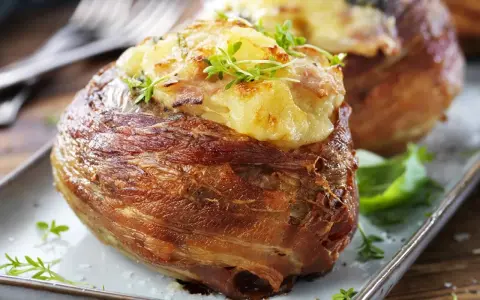 En härlig bakad potatis insvept i knaperstekt bacon, toppad med ost och örter. En riktig delikatess!