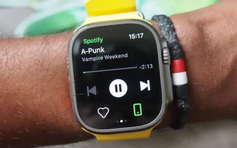 En handled med en smartklocka som visar Spotify-appen. Låten "A-Punk" av Vampire Weekend spelas.