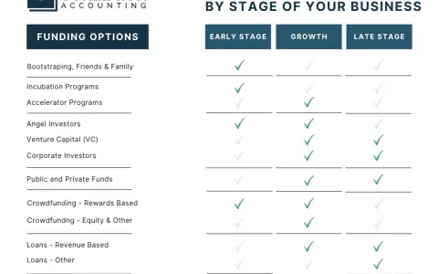 Chart showing alternative financing for startups by stage: early, growth, and late. Options include bootstrapping, angel investors, VC, and loans.