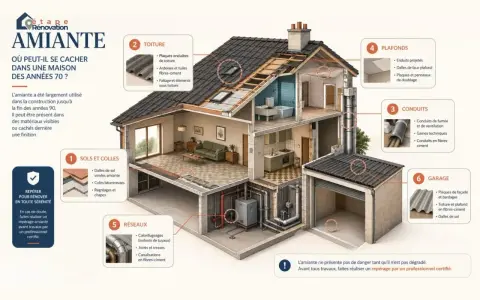 Illustration d'une maison des années 70 coupée en deux, montrant où l'amiante peut se cacher : toiture, sols, conduits, plafonds, réseaux et garage. Repérage amiante avant travaux.