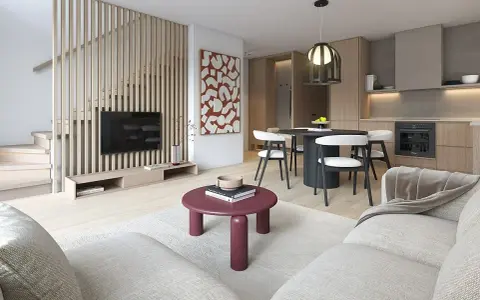 Nowoczesne wnętrze domu 70m2: salon z TV, jadalnia i kuchnia. Drewniane elementy, jasne kolory, minimalistyczny styl.