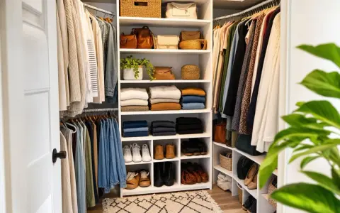 Un dressing bien organisé pour construire un meuble de rangement parfait. Vêtements, sacs et chaussures rangés sur des étagères.