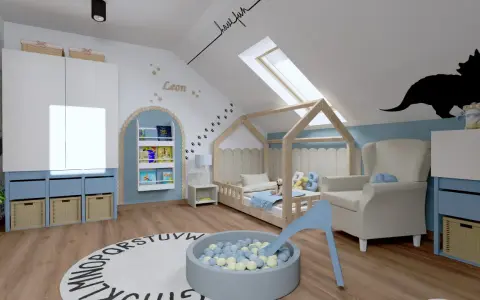 Pokój dziecięcy dla chłopca inspiracje: łóżko domek, basen z kulkami, fotel, szafa i dywan z literami.