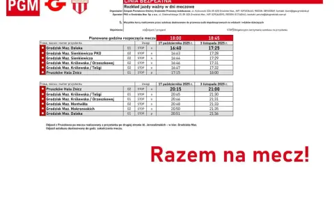 Grodzisk Mazowiecki rozkład jazdy autobusów na mecze. Tabela pokazuje godziny odjazdów z różnych przystanków.