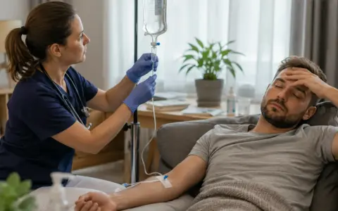 Pielęgniarka przygotowuje kroplówkę dla pacjenta leżącego na kanapie. W kroplówce znajduje się płyn nawadniający.