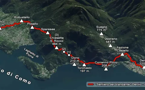 Mappa del Sentiero del Viandante sul Lago di Como, da Dervio a Colico, con tappe e altitudini.