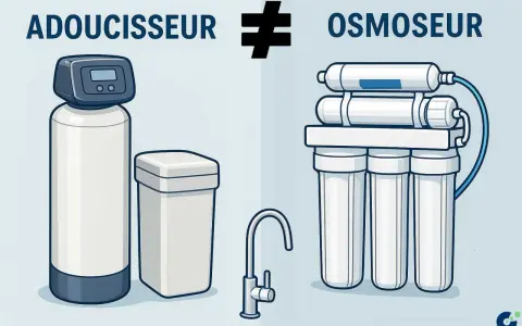 Illustration comparant un adoucisseur d'eau et un système d'osmoseur, montrant leurs différences pour une eau plus pure.