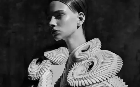 A model showcases intricate, sculptural white garments, embodying futuristic fashion. The avant-garde design features layered, organic shapes that create a dramatic silhouette.