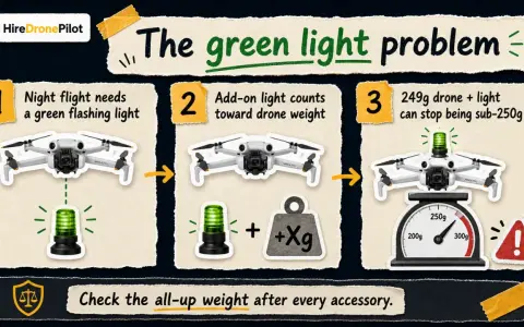 Infographic explaining drone laws: night flight requires a green light, which adds weight, potentially exceeding the 250g limit.