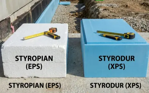 Biały styropian (EPS) i niebieski styrodur (XPS) leżą obok siebie. Miarka i nożyk pokazują, że oba materiały mają podobne właściwości izolacyjne.