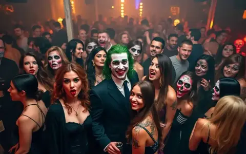 Joker-Kostümierter Mann feiert mit gruselig geschminkten Gästen auf einer ausgelassenen Halloween-Club-Party.